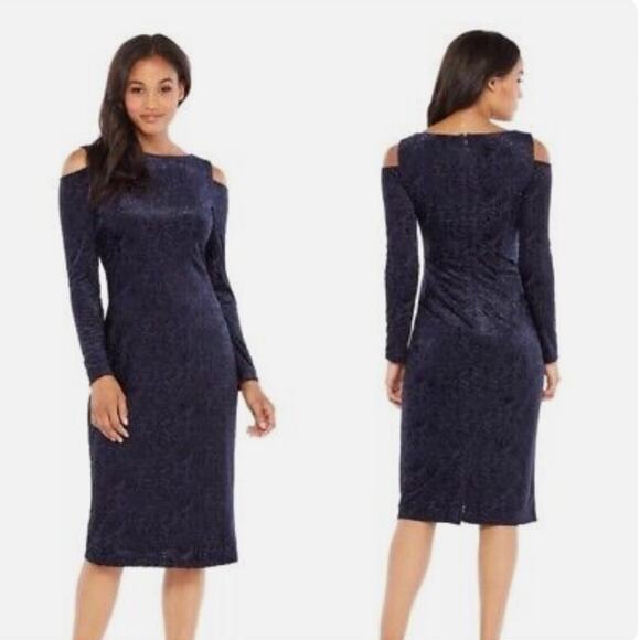 Maggy London Off shoulder Long sleeve Velvet Navy Midi Women's Sheath Dress 14 - Picture 1 of 9